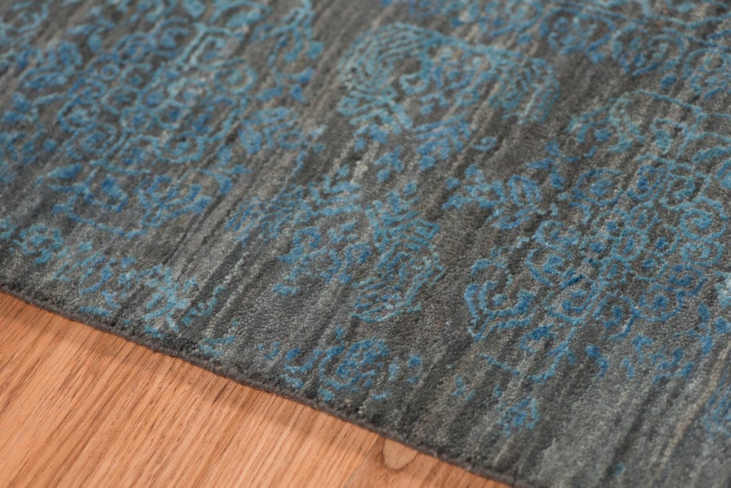 8' X 10' Dark Gray And Blue New Zealand Lambs Wool Damask Hand Knotted Area Rug With Fringe