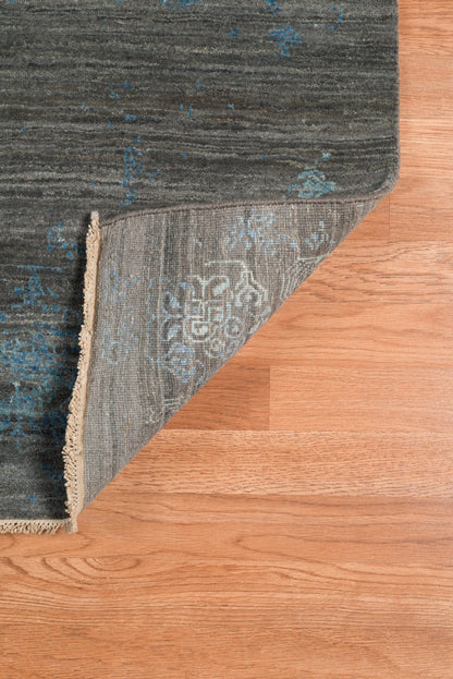 8' X 10' Dark Gray And Blue New Zealand Lambs Wool Damask Hand Knotted Area Rug With Fringe