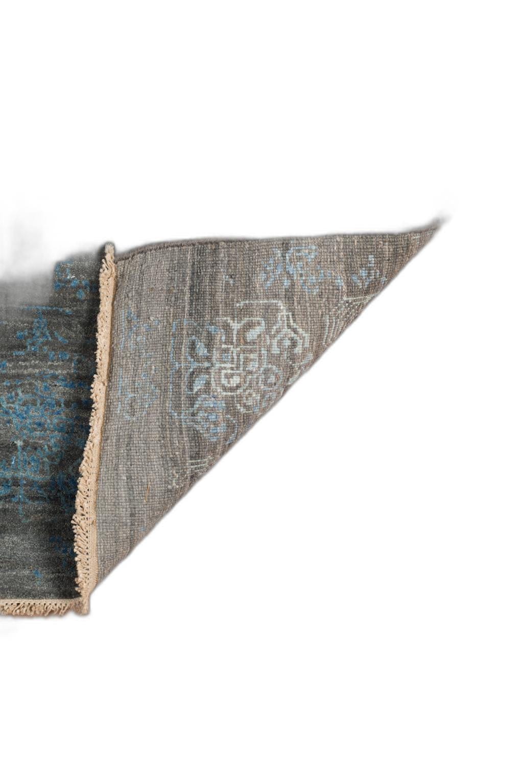 8' X 10' Dark Gray And Blue New Zealand Lambs Wool Damask Hand Knotted Area Rug With Fringe