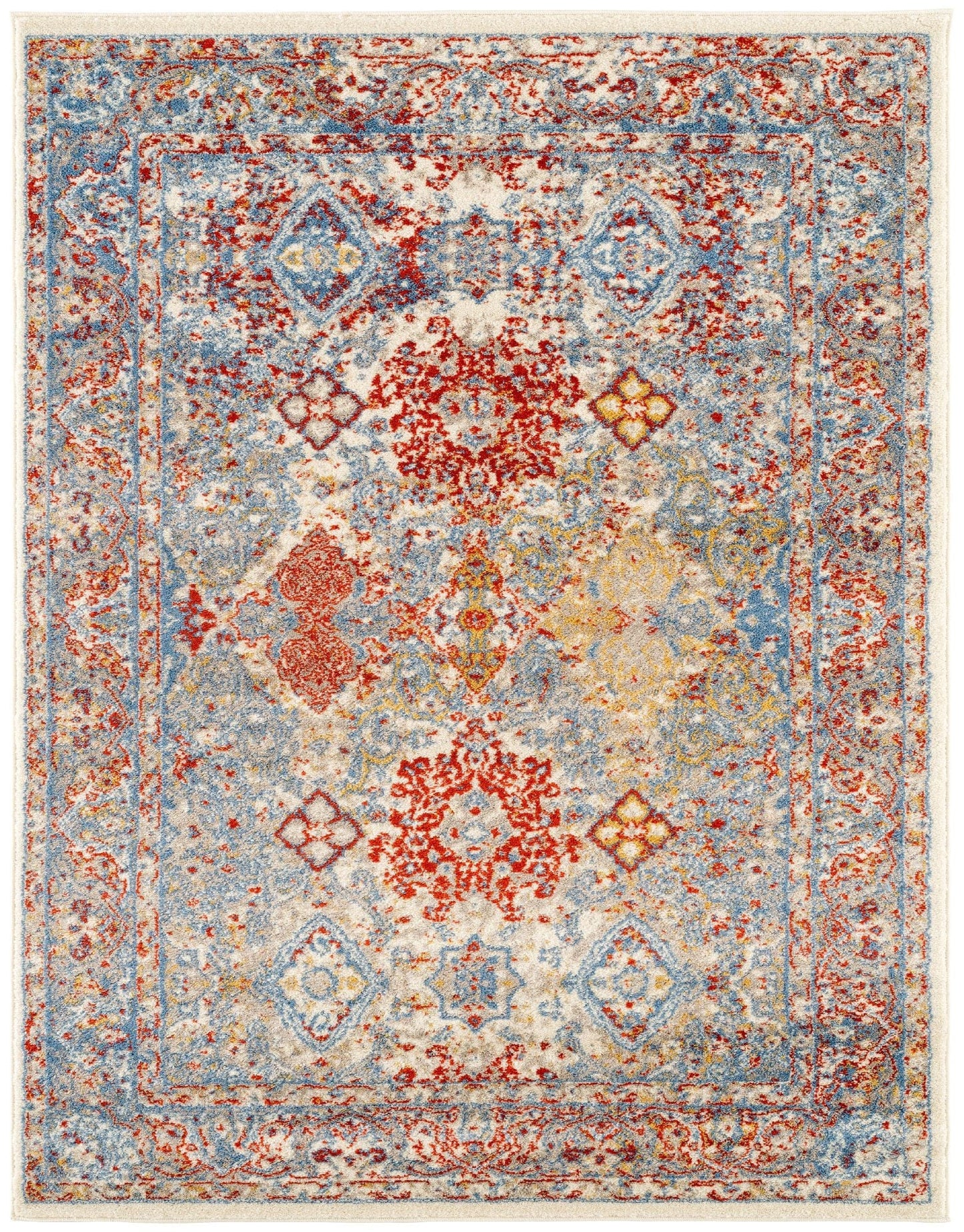 9' x12' Blue Red And Ivory Floral Power Loom Stain Resistant Area Rug