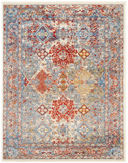 9' x12' Blue Red And Ivory Floral Power Loom Stain Resistant Area Rug