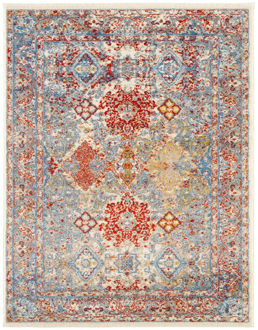 9' x12' Blue Red And Ivory Floral Power Loom Stain Resistant Area Rug