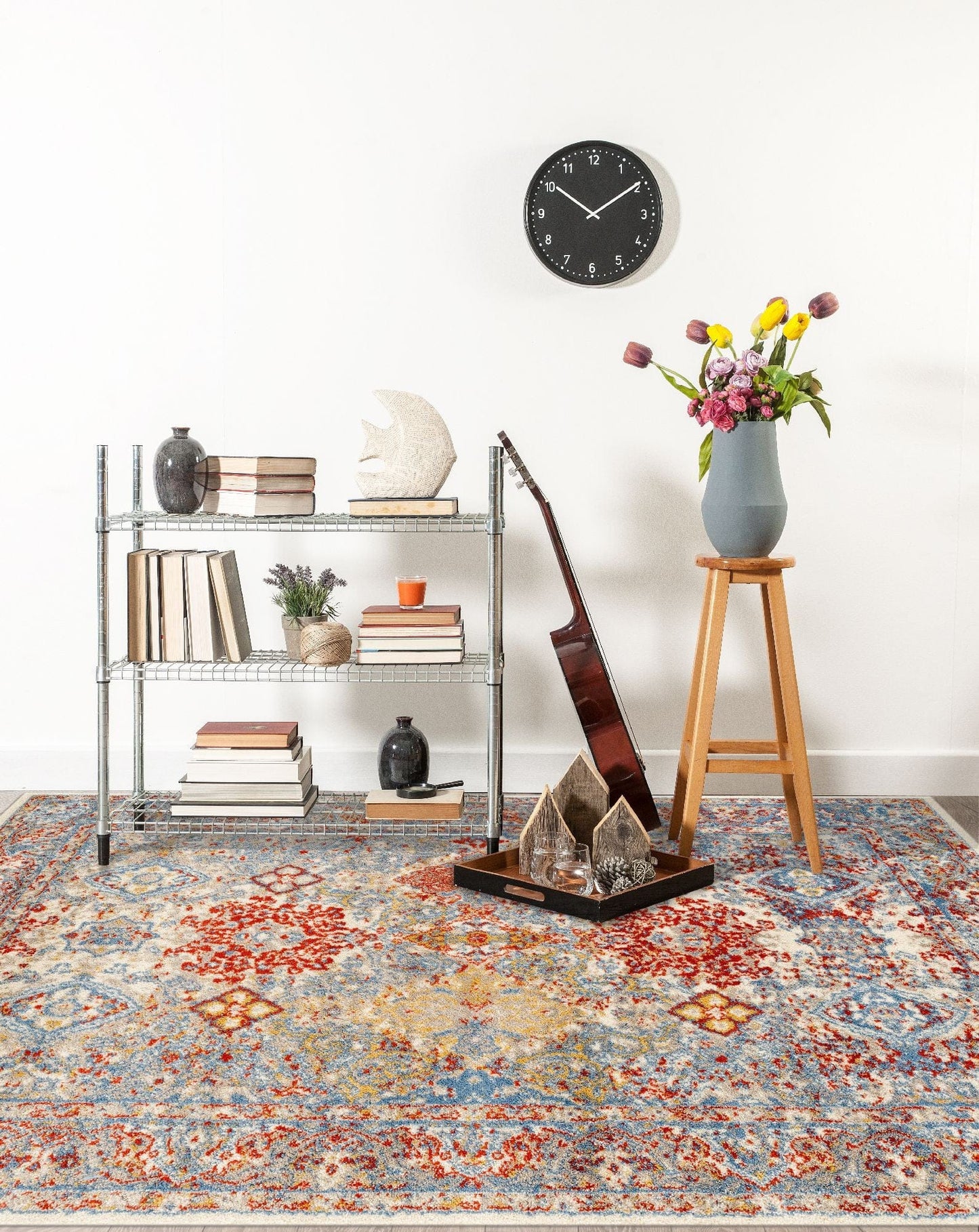 9' x12' Blue Red And Ivory Floral Power Loom Stain Resistant Area Rug