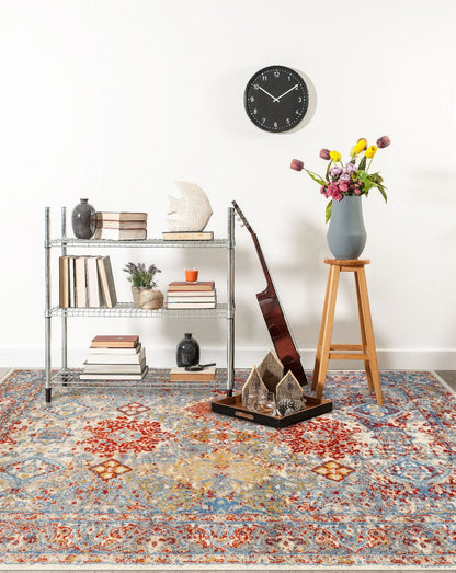 9' x12' Blue Red And Ivory Floral Power Loom Stain Resistant Area Rug