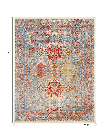 9' x12' Blue Red And Ivory Floral Power Loom Stain Resistant Area Rug