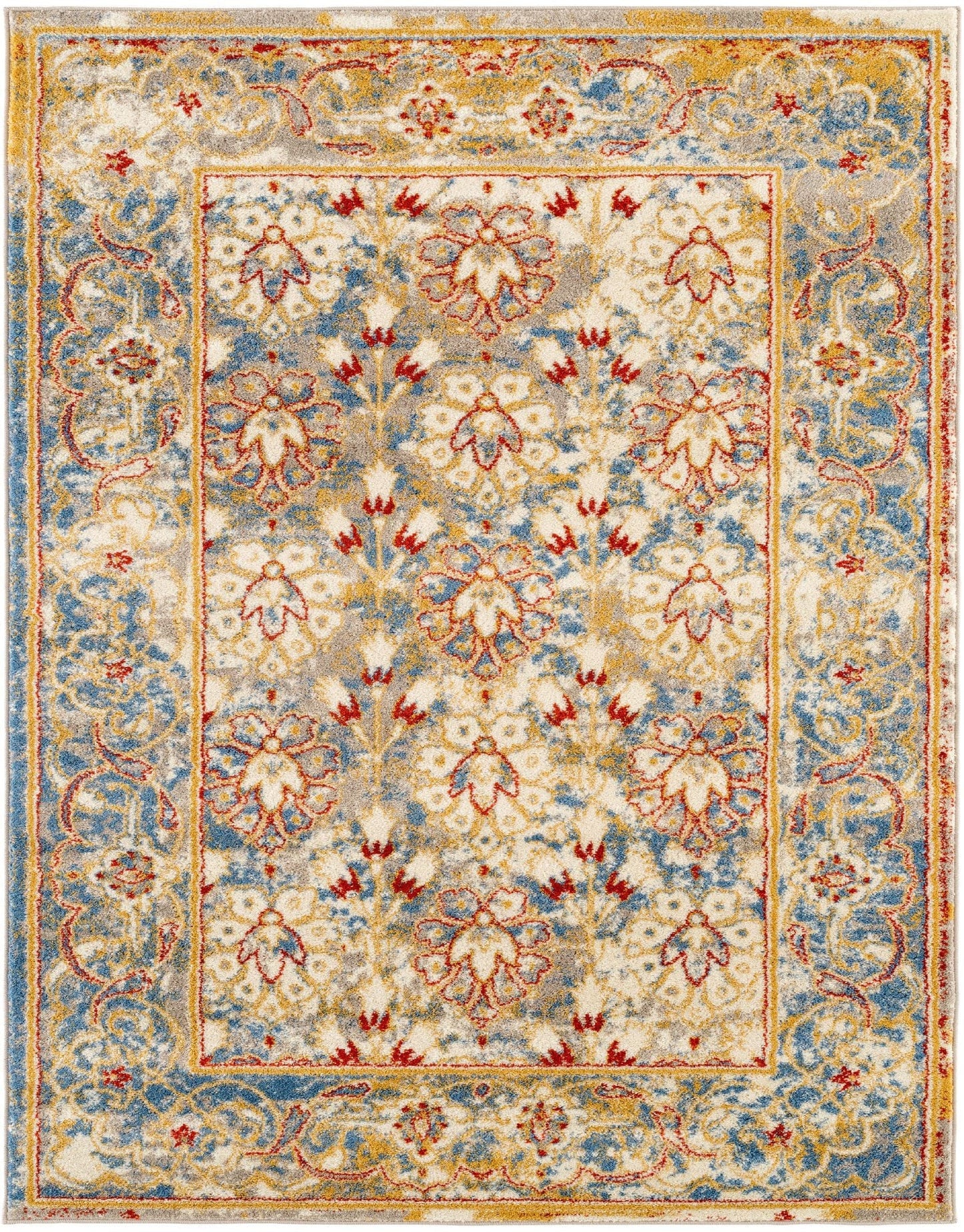 9' X 12' Yellow Blue And Ivory Floral Stain Resistant Area Rug