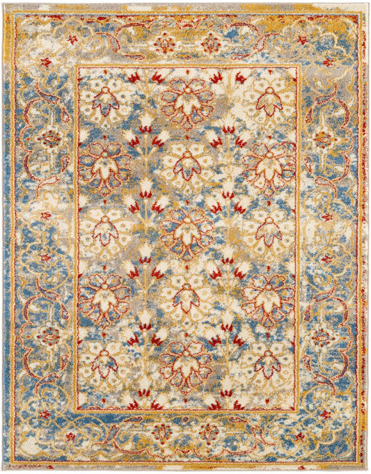 9' X 12' Yellow Blue And Ivory Floral Stain Resistant Area Rug
