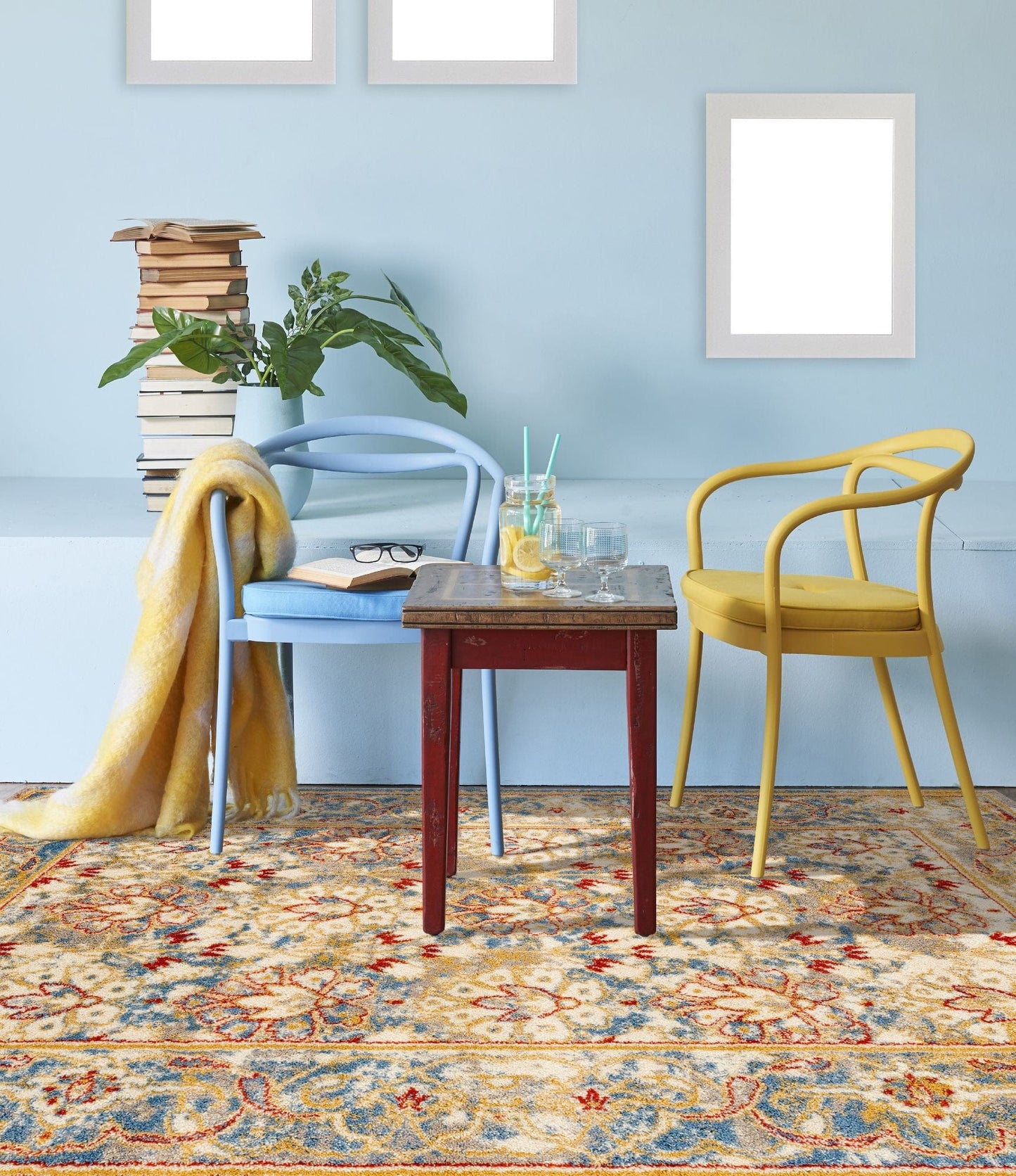 9' X 12' Yellow Blue And Ivory Floral Stain Resistant Area Rug