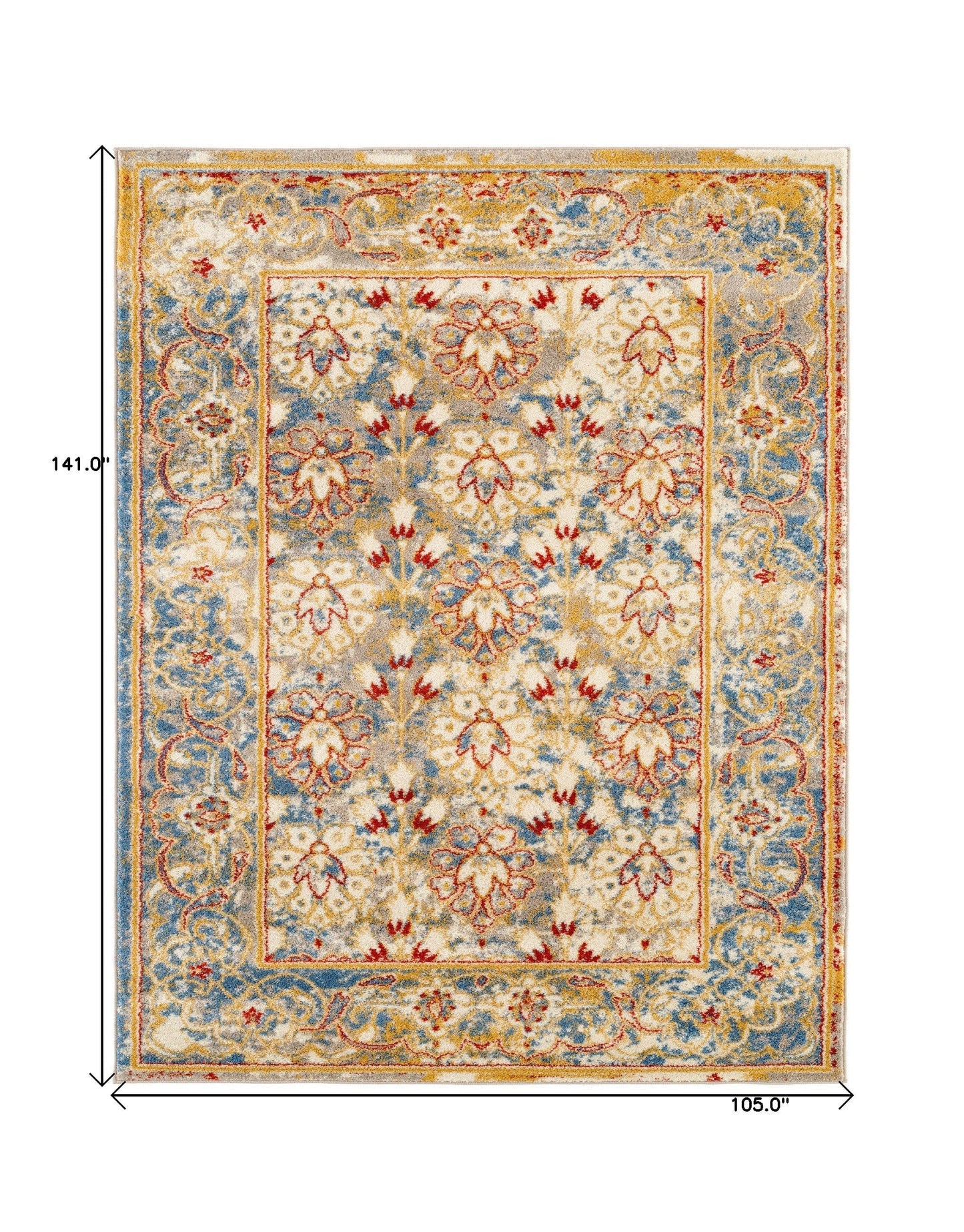 9' X 12' Yellow Blue And Ivory Floral Stain Resistant Area Rug