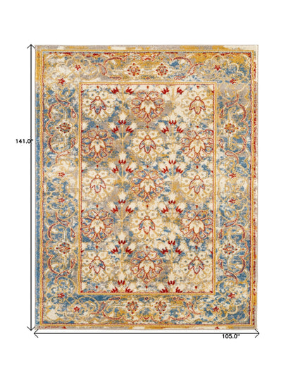 9' X 12' Yellow Blue And Ivory Floral Stain Resistant Area Rug