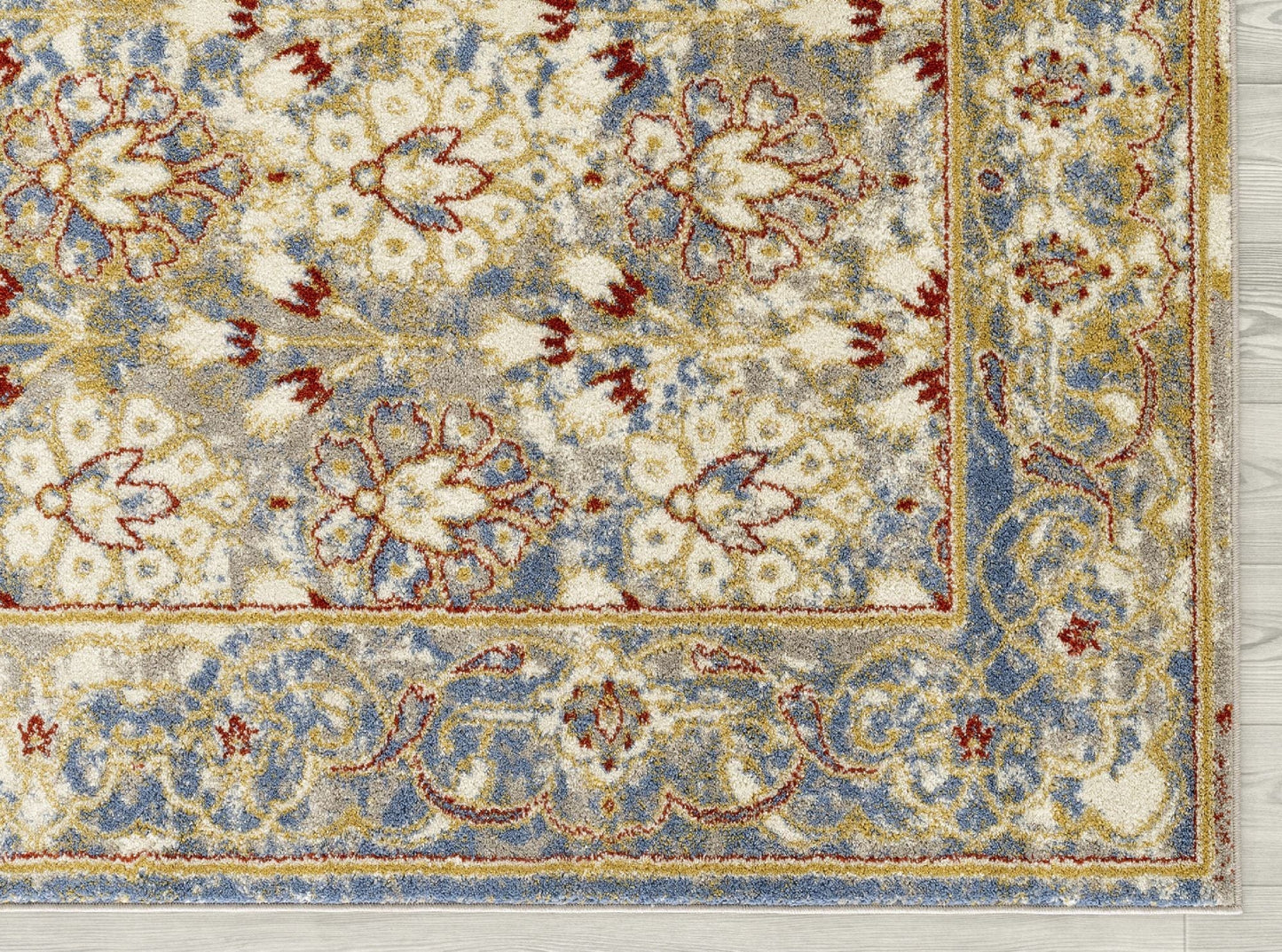 9' X 12' Yellow Blue And Ivory Floral Stain Resistant Area Rug