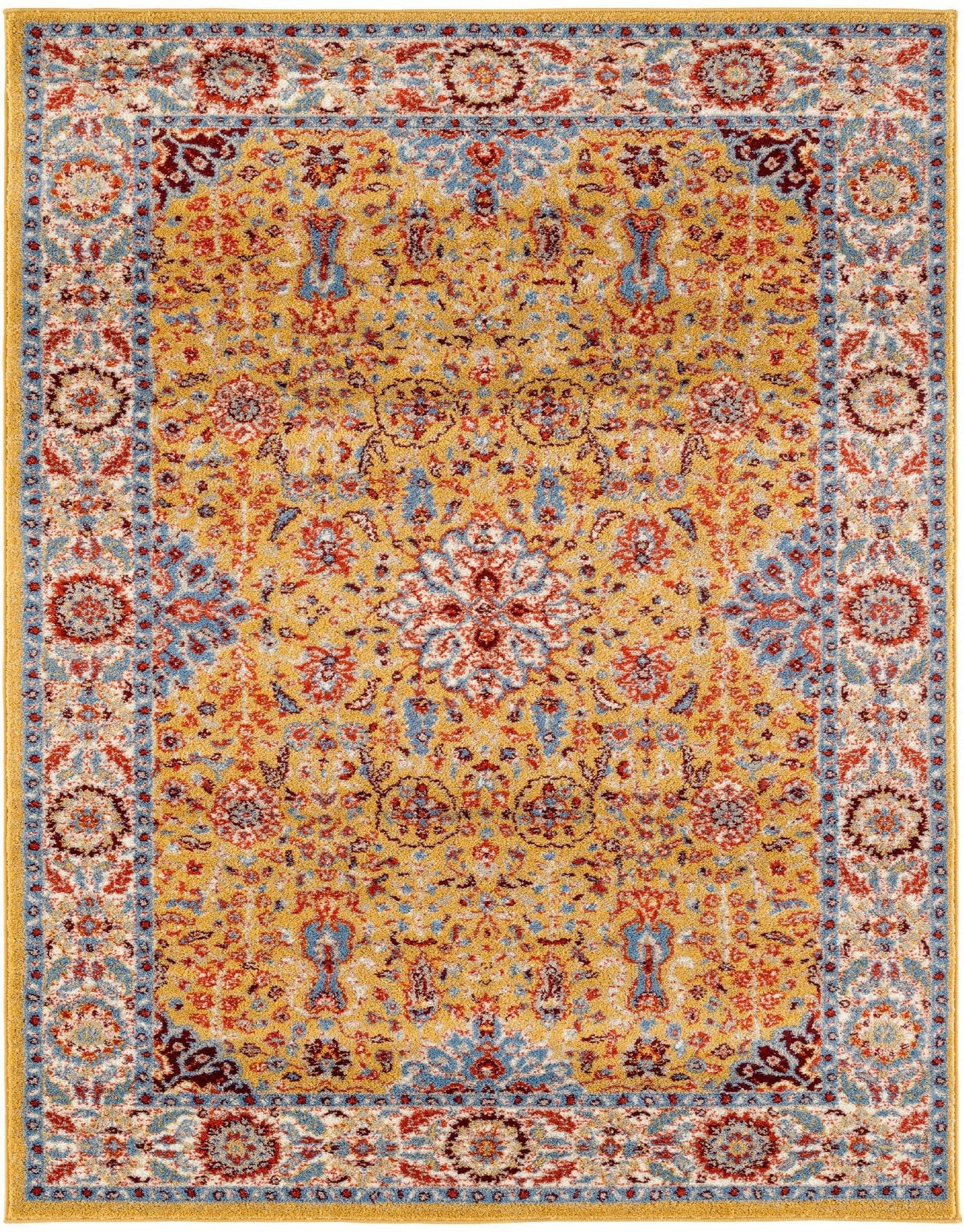 9' X 12' Blue Yellow And Ivory Oriental Power Loom Stain Resistant Area Rug