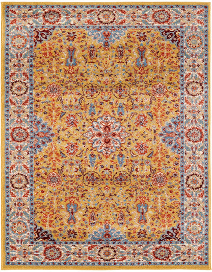 9' X 12' Blue Yellow And Ivory Oriental Power Loom Stain Resistant Area Rug