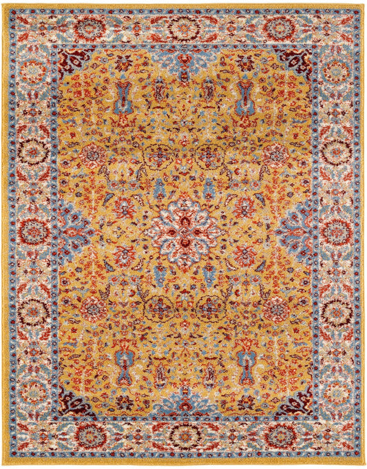 9' X 12' Blue Yellow And Ivory Oriental Power Loom Stain Resistant Area Rug
