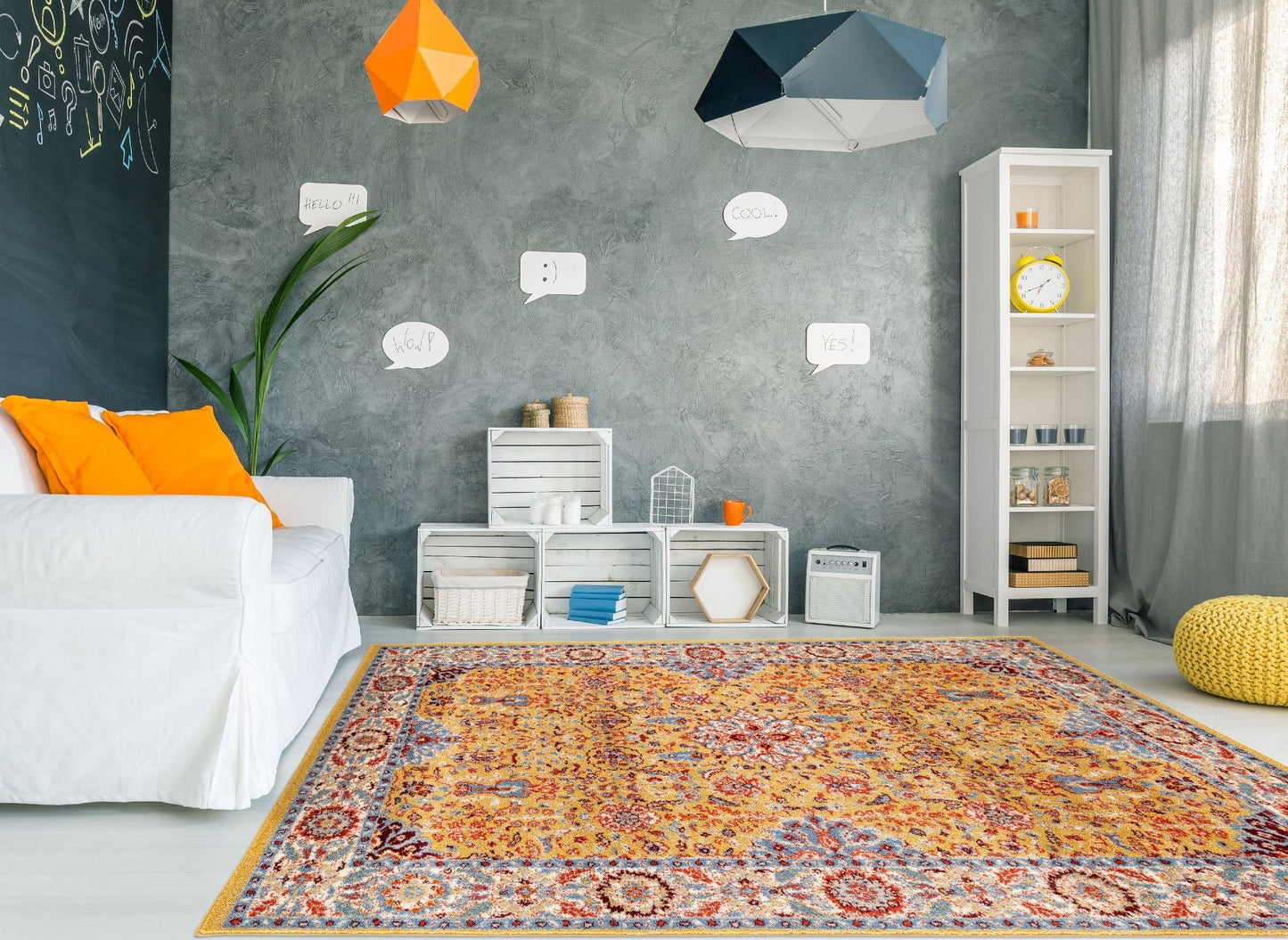 9' X 12' Blue Yellow And Ivory Oriental Power Loom Stain Resistant Area Rug