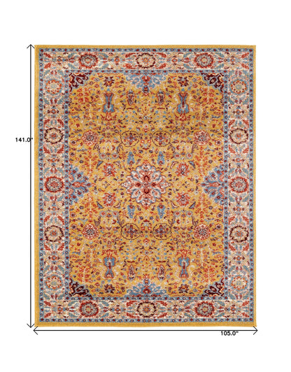 9' X 12' Blue Yellow And Ivory Oriental Power Loom Stain Resistant Area Rug