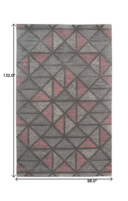 8' X 11' Pink And Gray New Zealand Lambs Wool Geometric Tufted Area Rug
