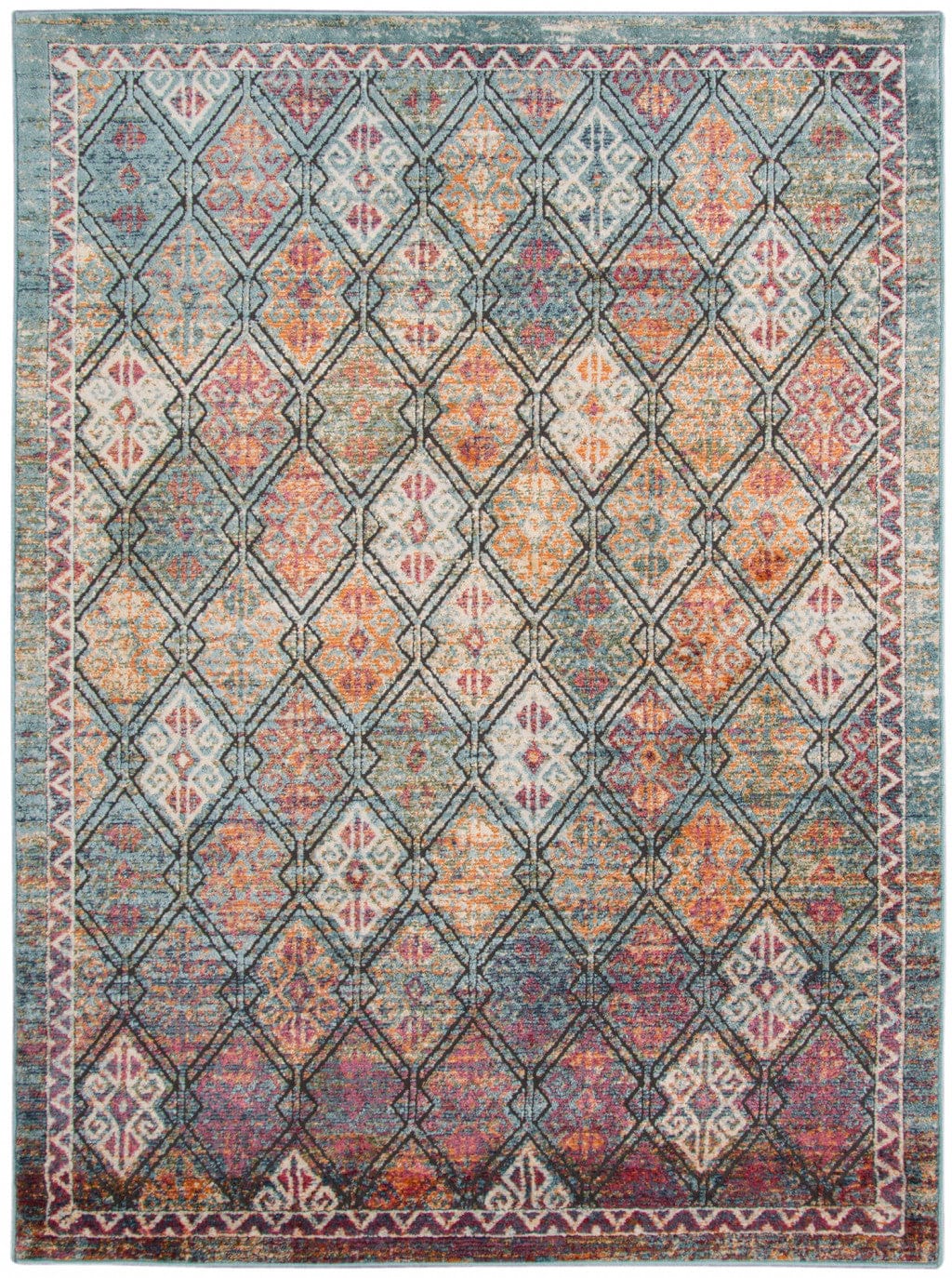9' X 12' Teal Pink And Ivory Patchwork Stain Resistant Area Rug