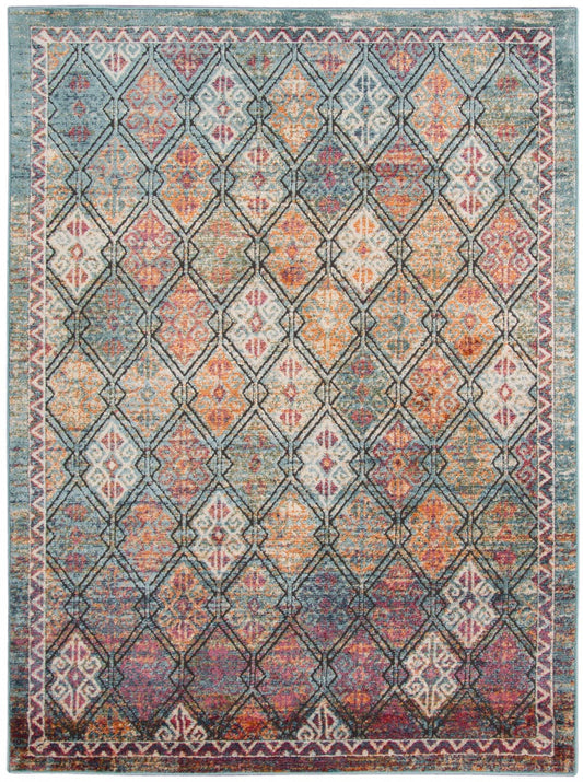 9' X 12' Teal Pink And Ivory Patchwork Stain Resistant Area Rug