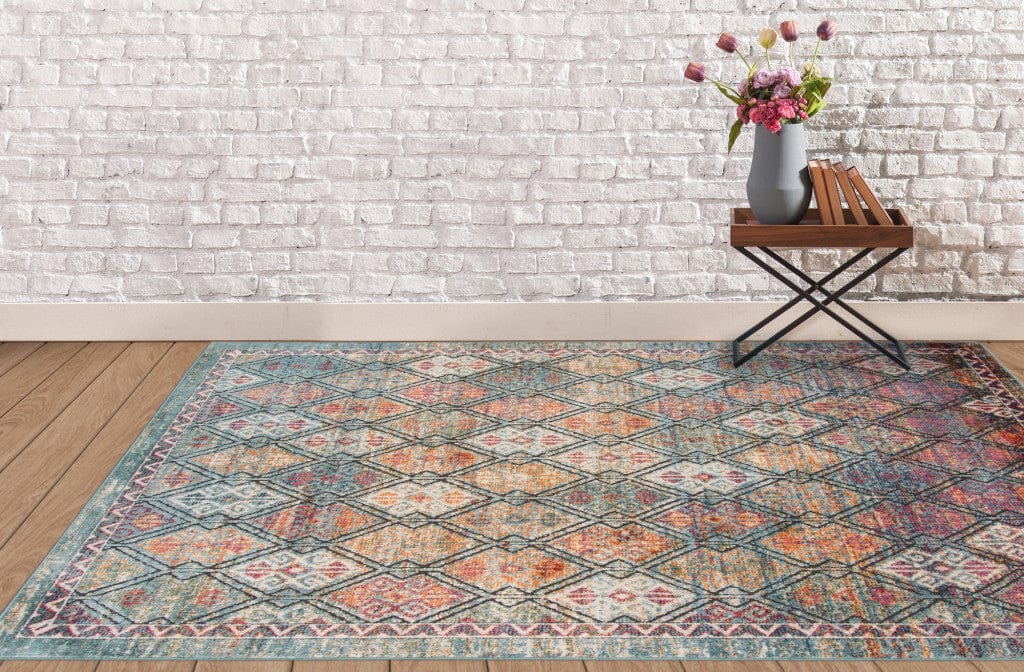 9' X 12' Teal Pink And Ivory Patchwork Stain Resistant Area Rug