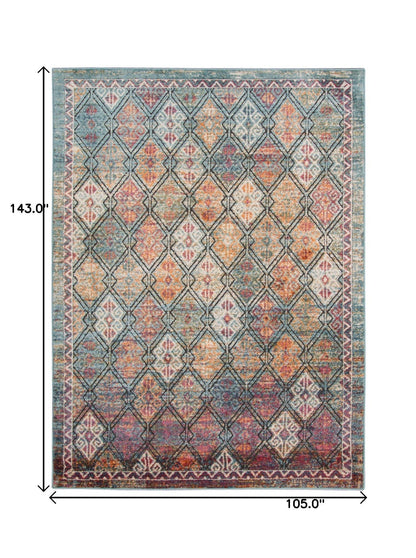 9' X 12' Teal Pink And Ivory Patchwork Stain Resistant Area Rug