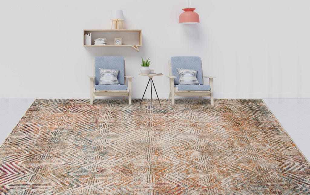 9' X 12' Orange And Ivory Geometric Power Loom Stain Resistant Area Rug