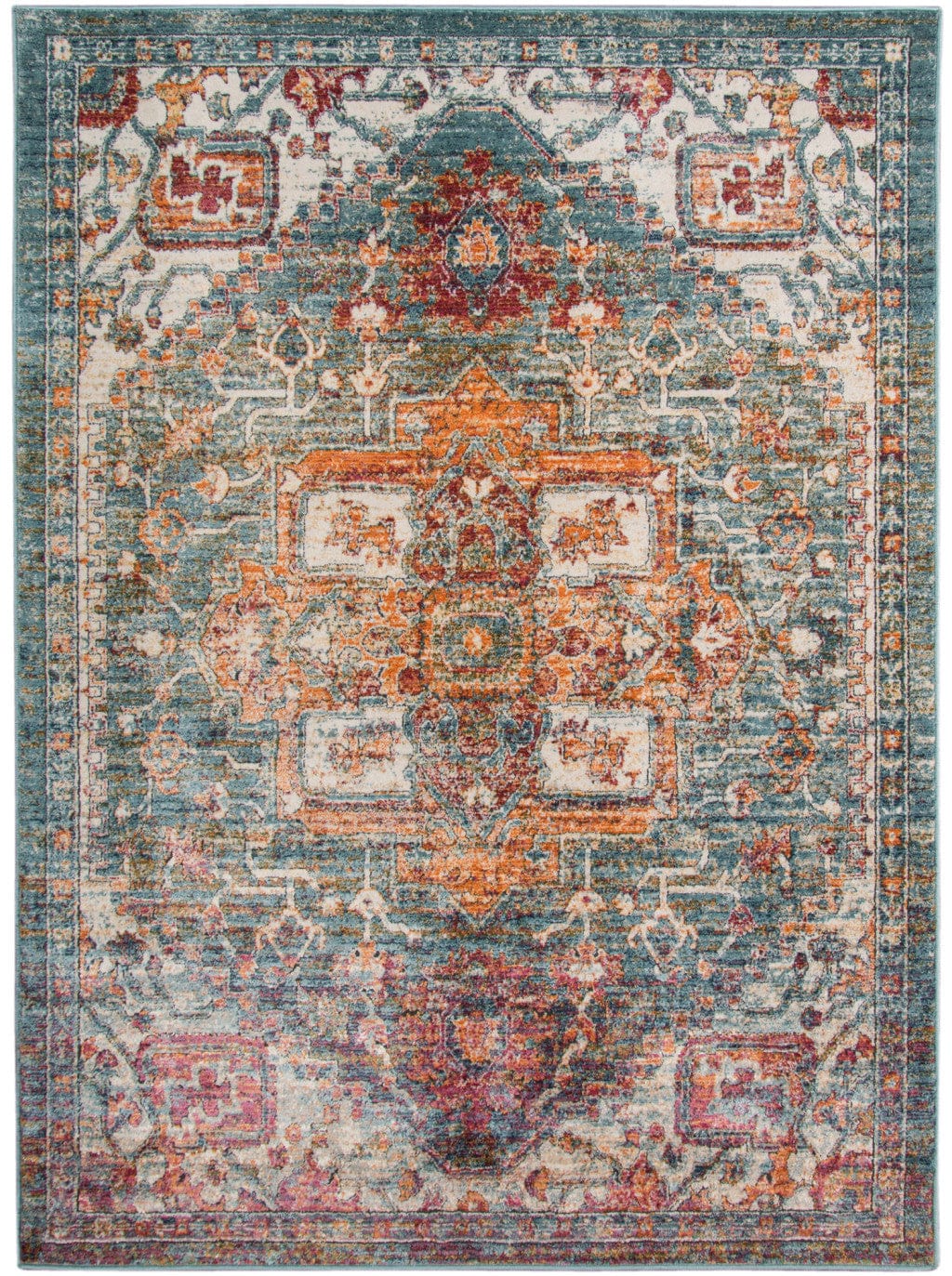 9' X 12' Blue Orange And Ivory Oriental Stain Resistant Area Rug