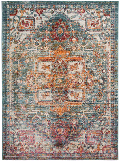 9' X 12' Blue Orange And Ivory Oriental Stain Resistant Area Rug