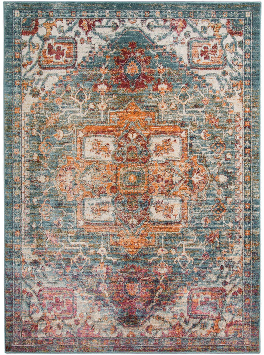9' X 12' Blue Orange And Ivory Oriental Stain Resistant Area Rug