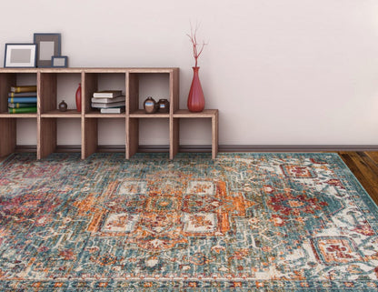 9' X 12' Blue Orange And Ivory Oriental Stain Resistant Area Rug