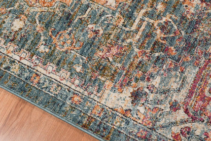 9' X 12' Blue Orange And Ivory Oriental Stain Resistant Area Rug
