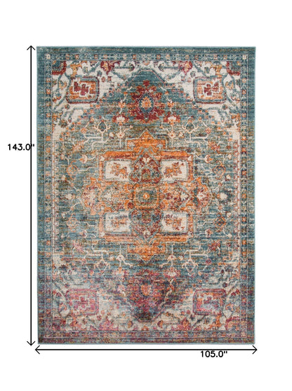 9' X 12' Blue Orange And Ivory Oriental Stain Resistant Area Rug