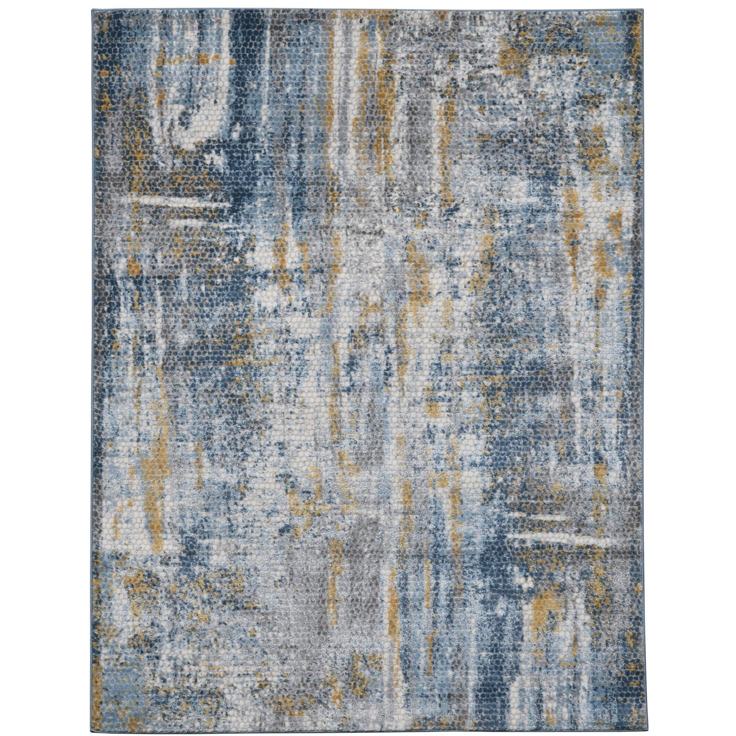 9' X 12' Ivory Blue And Gold Abstract Area Rug
