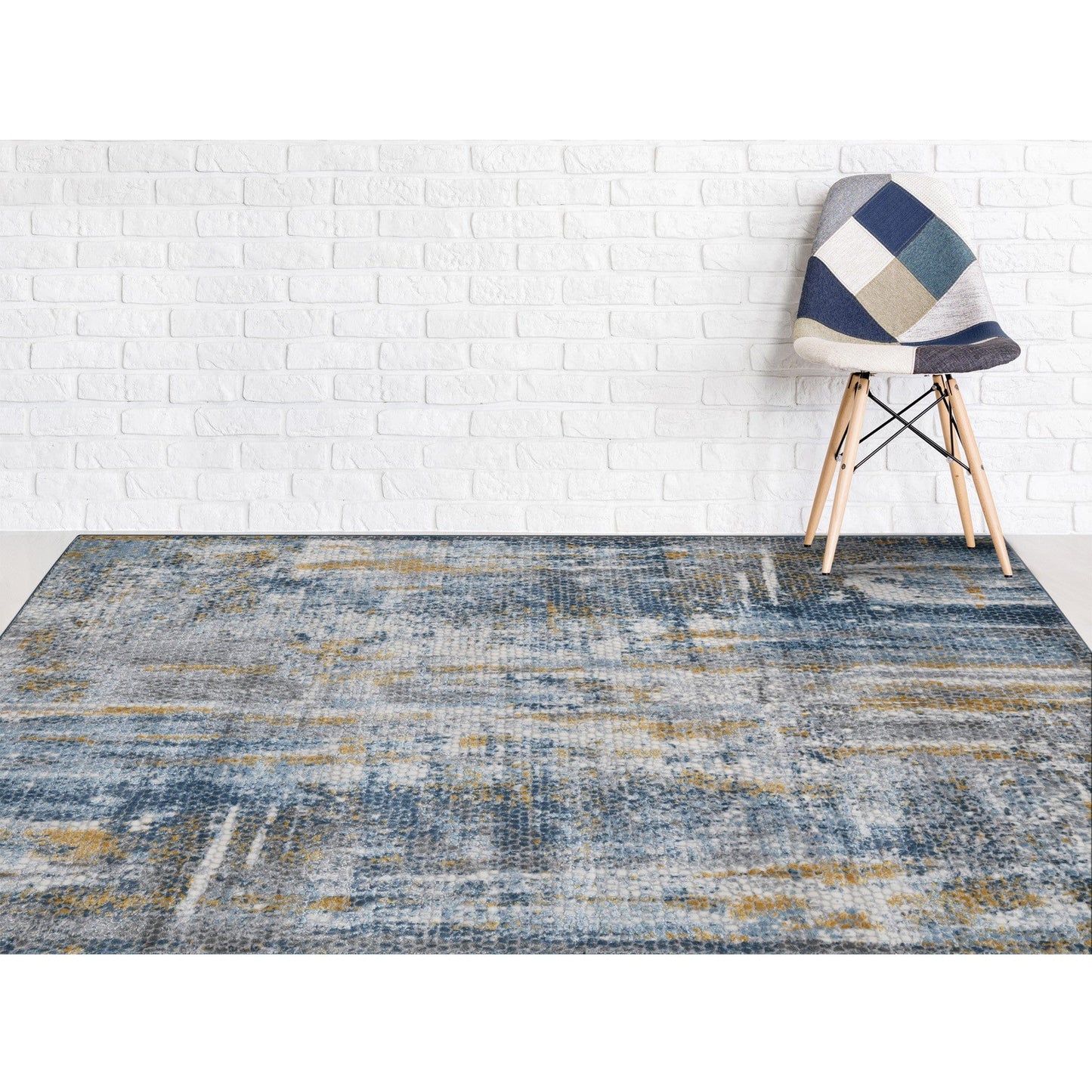 9' X 12' Ivory Blue And Gold Abstract Area Rug