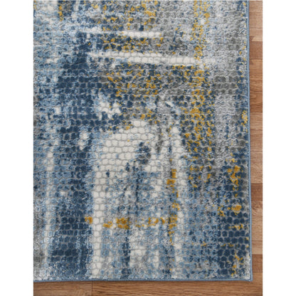 9' X 12' Ivory Blue And Gold Abstract Area Rug