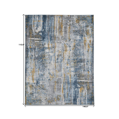 9' X 12' Ivory Blue And Gold Abstract Area Rug
