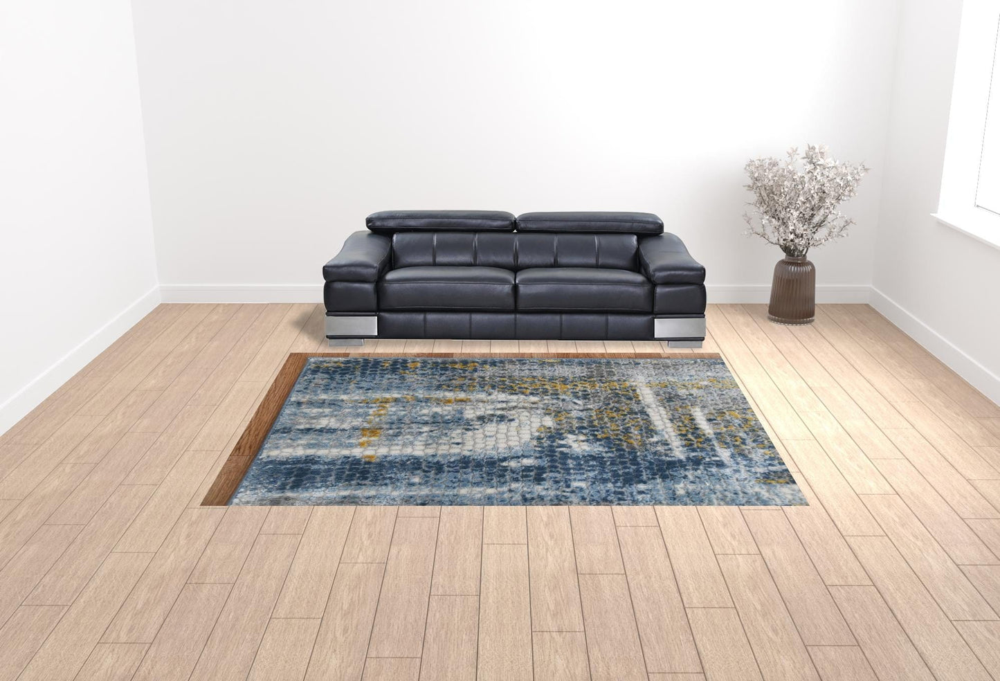 9' X 12' Ivory Blue And Gold Abstract Area Rug