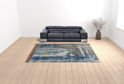 9' X 12' Ivory Blue And Gold Abstract Area Rug
