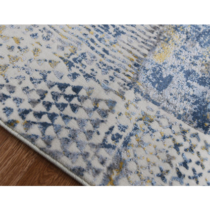 9' X 12' Ivory Blue And Gold Abstract Power Loom Area Rug