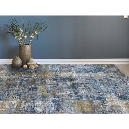 9' X 12' Gold Ivory And Blue Abstract Area Rug