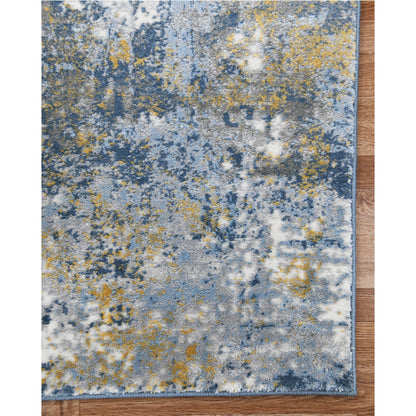 9' X 12' Gold Ivory And Blue Abstract Area Rug