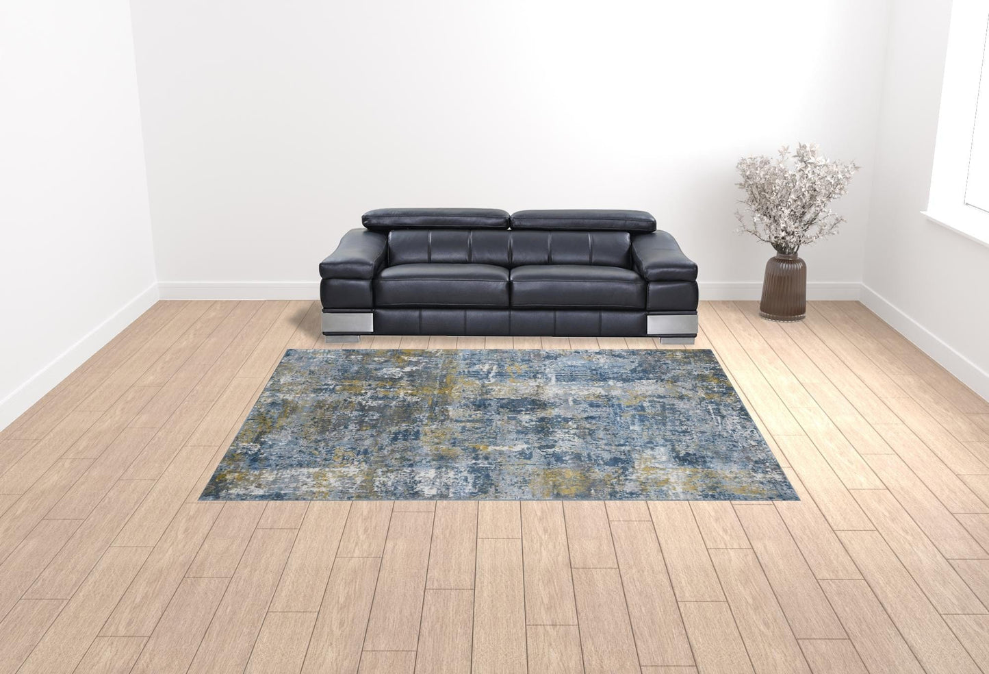 9' X 12' Gold Ivory And Blue Abstract Area Rug