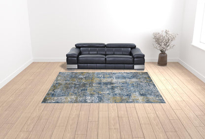 9' X 12' Gold Ivory And Blue Abstract Area Rug