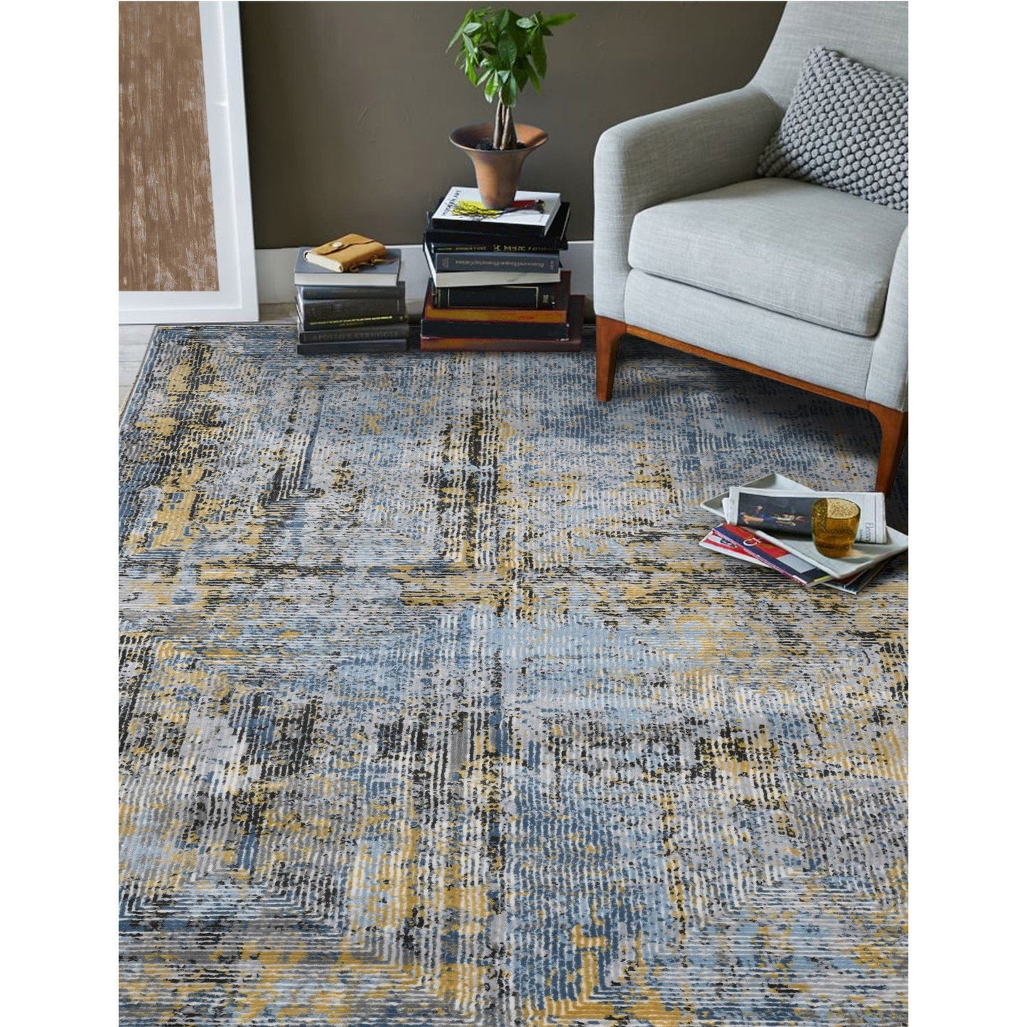 9' X 12' Gray Blue And Yellow Abstract Area Rug
