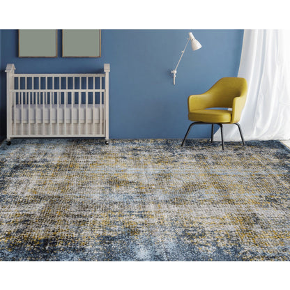 9' X 12' Blue And Gold Abstract Area Rug