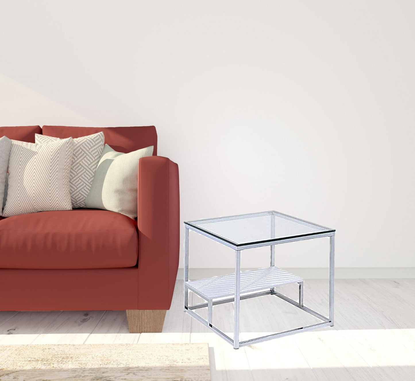 22" Chrome And Clear Glass Square End Table With Shelf