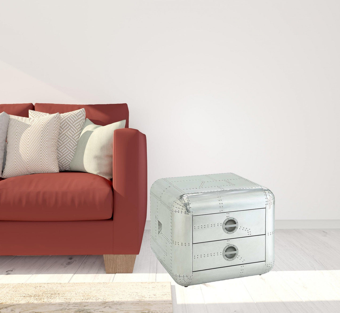 22" Silver Aluminum Aviator Trunk Style Square End Table With Two Drawers