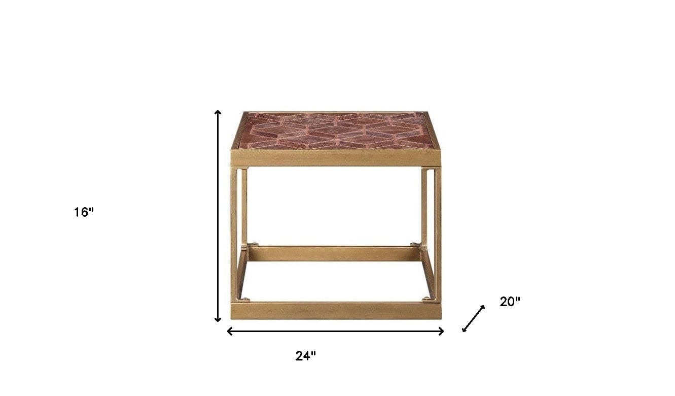 16" Brass And Warm Brown Leather Rectangular End Table