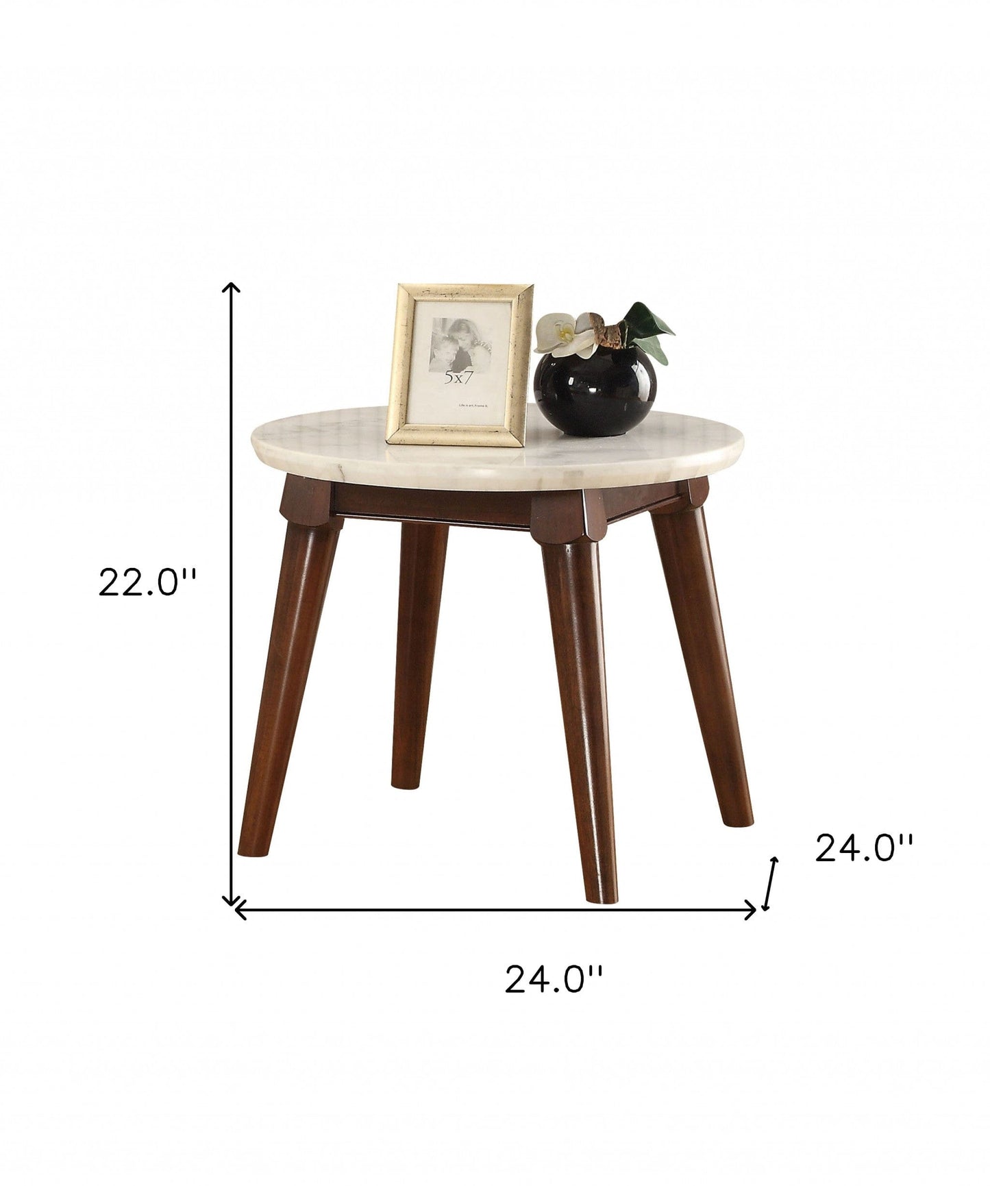22" Walnut And White Faux Marble Round End Table