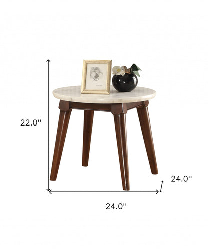 22" Walnut And White Faux Marble Round End Table